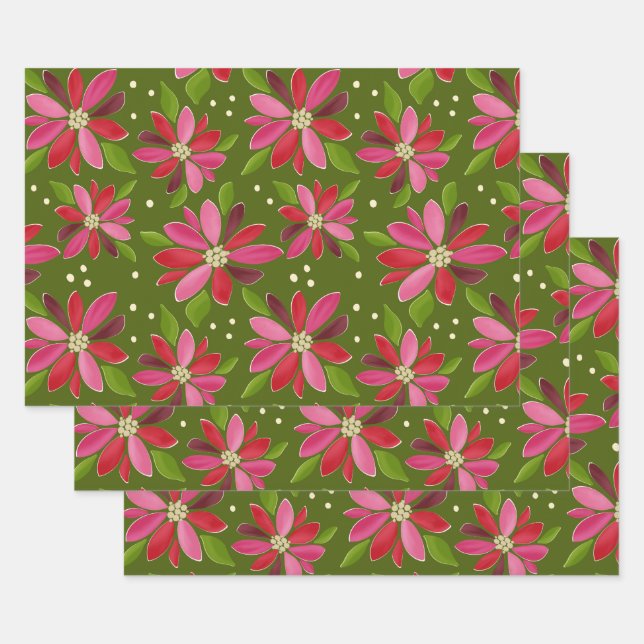 Poinsettia green gift wrap 3 pack (Set)