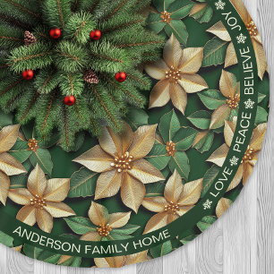 Poinsettia Green & Gold Festive Words Christmas Brushed Polyester Tree Skirt