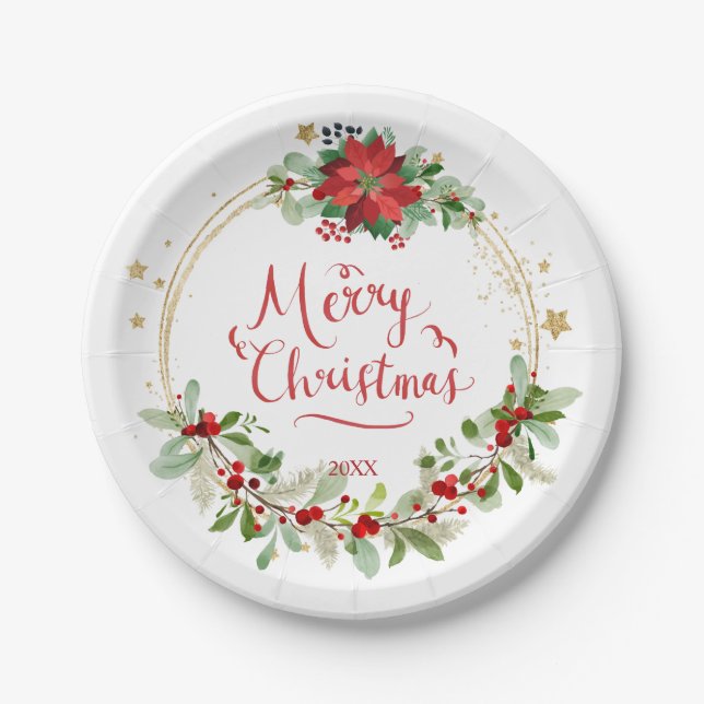 Poinsettia Greenery Foliage Red Berry Christmas Paper Plate (Front)