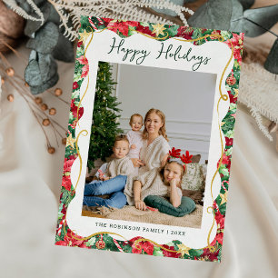 Poinsettia Greenery Pattern Christmas 1 Photo Holiday Card