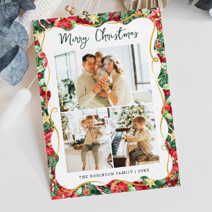 Poinsettia Greenery Pattern Christmas 3 Photo Holiday Card