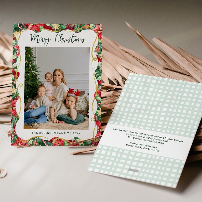 Poinsettia Greenery Pattern Merry Christmas Photo Holiday Card (Creator Uploaded)