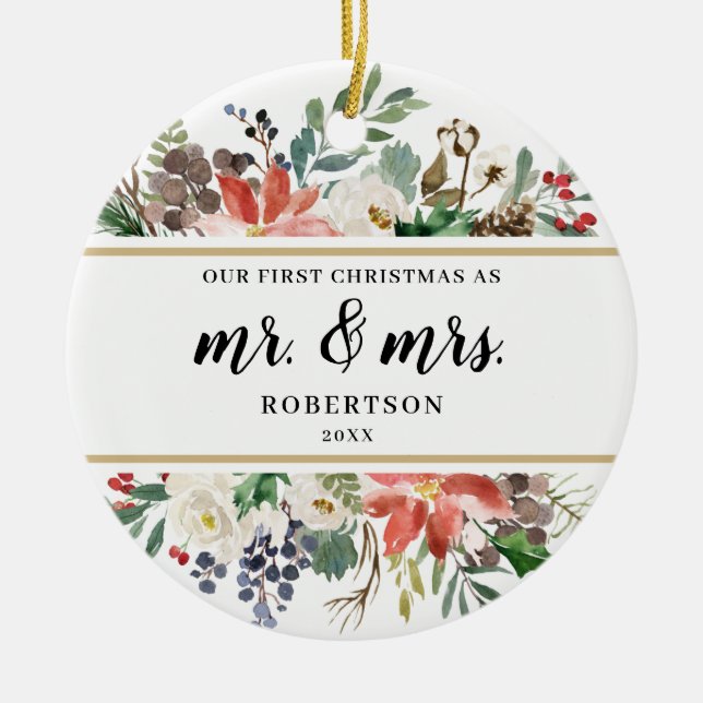 Poinsettia Greens First Christmas as Mr. and Mrs. Ceramic Ornament (Front)