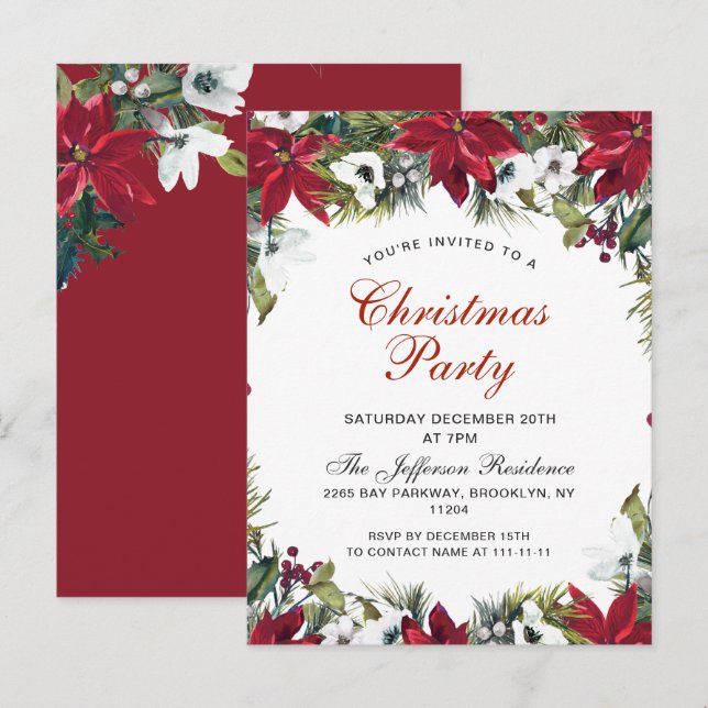 Poinsettia Holiday Christmas Party Invitation Card (Front/Back)