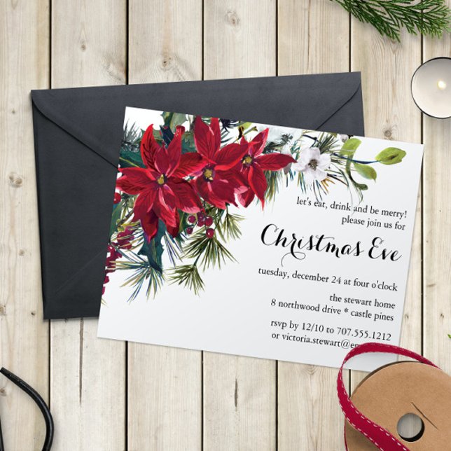 Poinsettia Holiday Floral | Christmas Eve Dinner Invitation (Creator Uploaded)