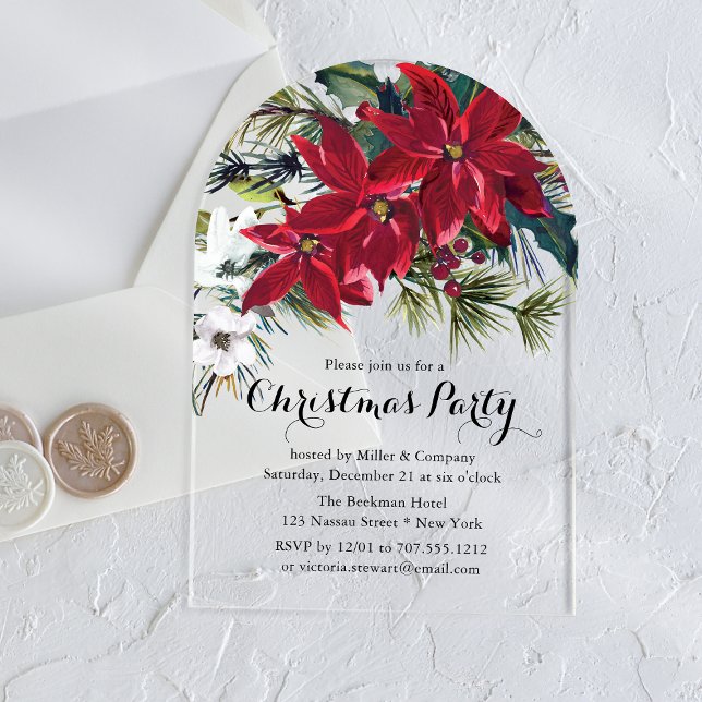 Poinsettia Holiday Floral Christmas Party Company Acrylic Invitations (Creator Uploaded)