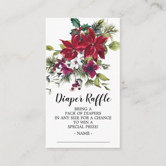 Poinsettia Holly Baby Shower Diaper Raffle Ticket Enclosure Card (Front)