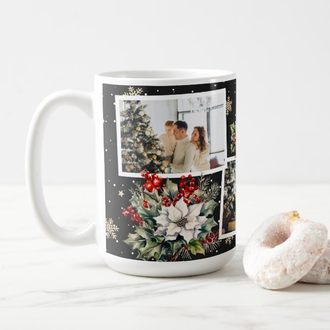 Poinsettia Holly Berries Black Photo Christmas Coffee Mug (With Donut)