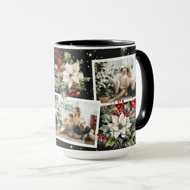 Poinsettia Holly Berries Black Photo Christmas Mug (Front Right)