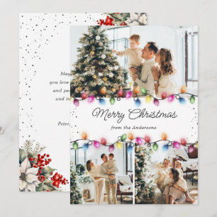 Poinsettia Holly Berries Christmas Lights 3 Photo Holiday Card