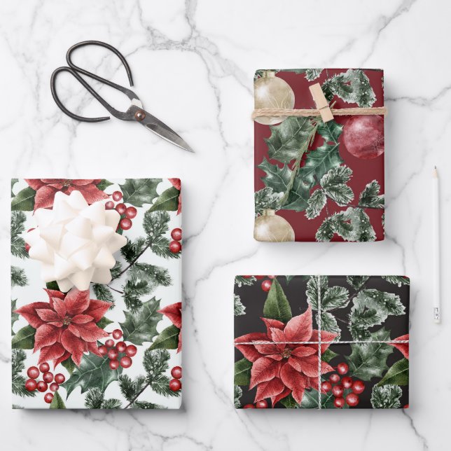 Poinsettia Holly Berries Christmas Wrapping Paper Sheet (Front)