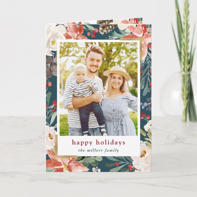 Poinsettia Holly Berries Floral  Photo Christmas Holiday Card (Front)