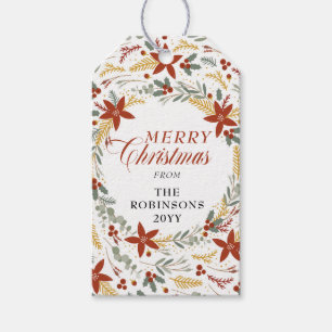 Poinsettia Holly Berries Wreath Merry Christmas Gift Tags