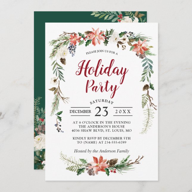 Poinsettia Holly Berry Ivory Floral Holiday Party Invitation (Front/Back)