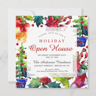 Poinsettia Holly Berry Ornament Holiday Open House Invitation