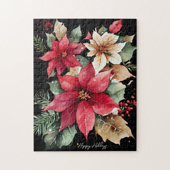 Poinsettia Holly Berry Red White Flower Christmas Jigsaw Puzzle (Vertical)