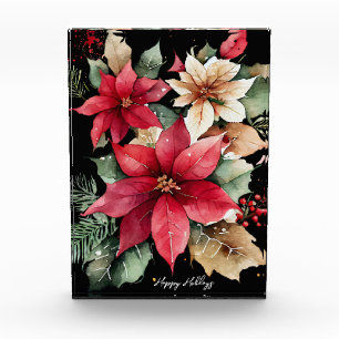 Poinsettia Holly Berry Red White Flower Christmas Photo Block