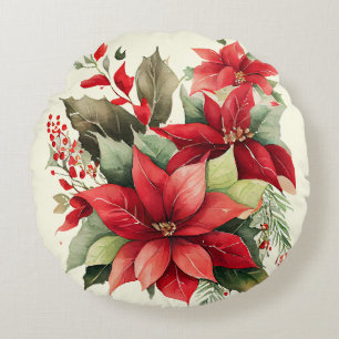 Poinsettia Holly Berry Red White Flower Christmas Round Cushion
