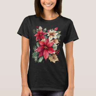 Poinsettia Holly Berry Red White Flower Christmas T-Shirt