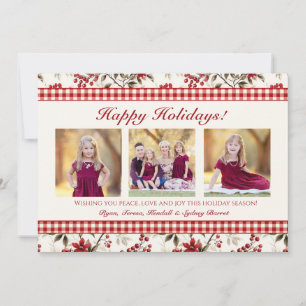 Poinsettia Holly Gingham Border Holiday Photo Card