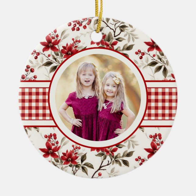 Poinsettia Holly Gingham Border Holiday Photo Card Ceramic Ornament (Front)