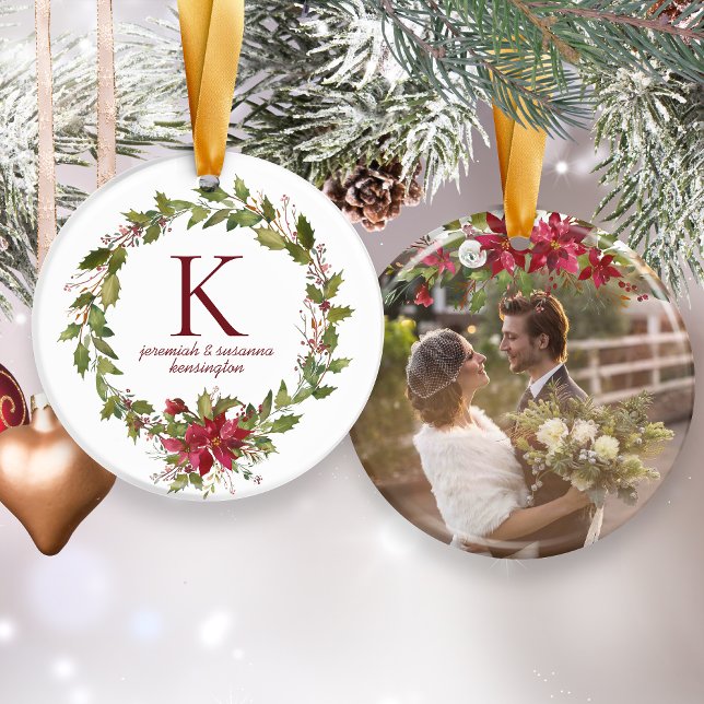Poinsettia Holly Monogram Holiday Photo Ceramic Ornament (Poinsettia Holly Monogram Holiday Photo Ceramic Ornament)