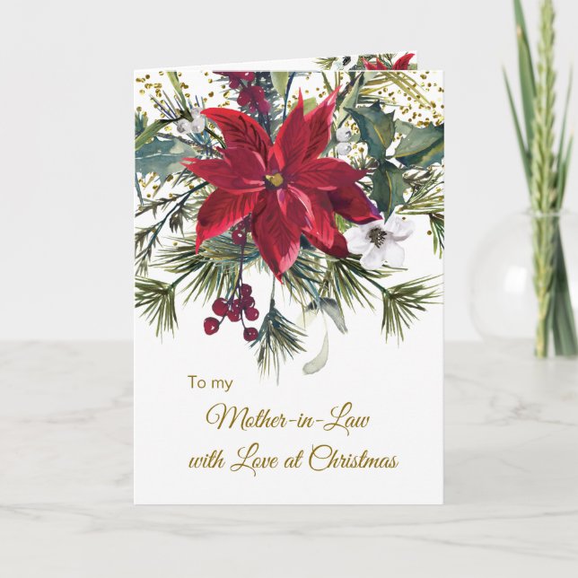 Poinsettia, holly Mother in-Law Christmas Holiday Card (Front)
