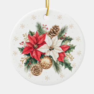 Poinsettia Holly Pine Christmas Photo Ornament