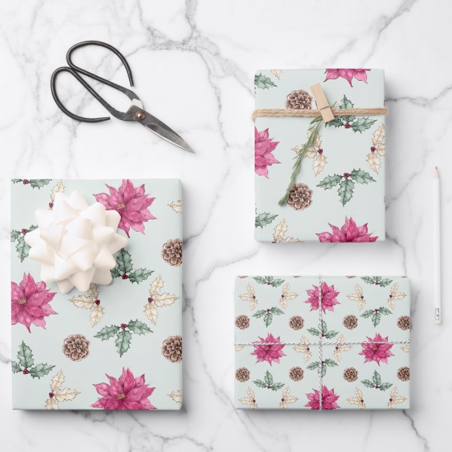 Poinsettia Holly Pinecone Wrapping Paper Sheet (Front)