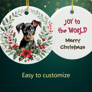 Poinsettia Holly Wreath Doberman Pinscher Puppy Ceramic Ornament