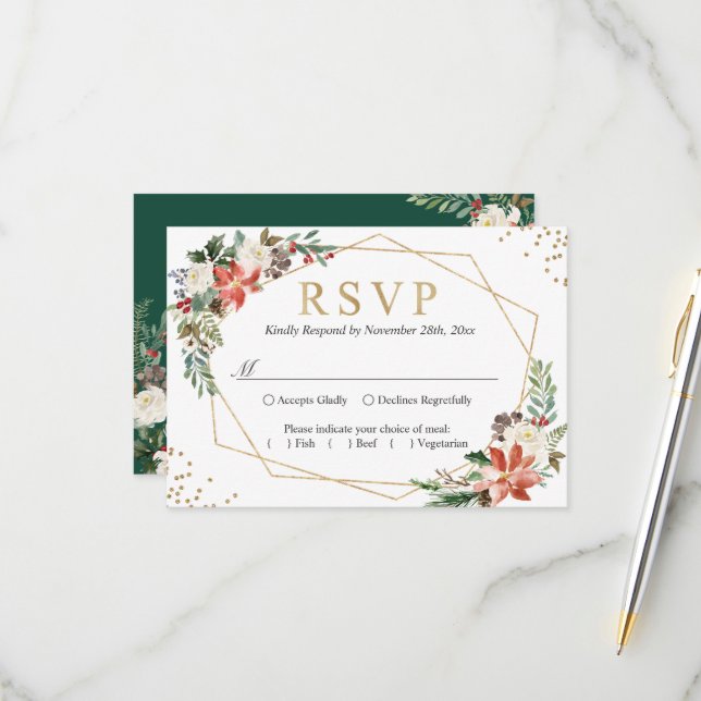 Poinsettia Ivory Floral Geometric Gold Frame RSVP Card (Front/Back In Situ)