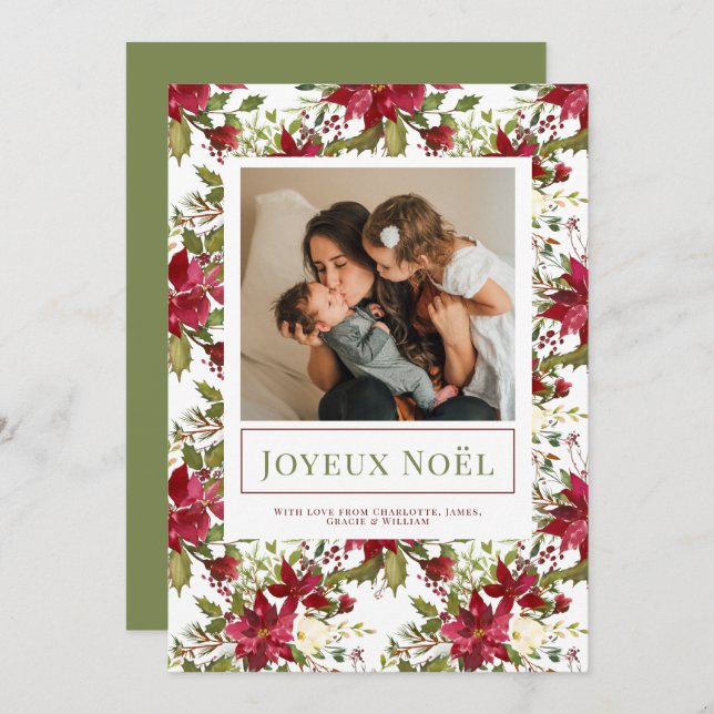 Poinsettia Joyeux Noël Elegant Christmas Card (Front/Back)