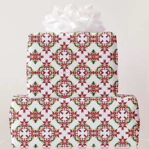 Poinsettia Kaleidoscope Pattern Red Green White Wrapping Paper