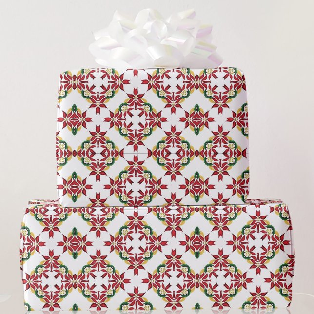 Poinsettia Kaleidoscope Pattern Red Green White Wrapping Paper (Creator Uploaded)