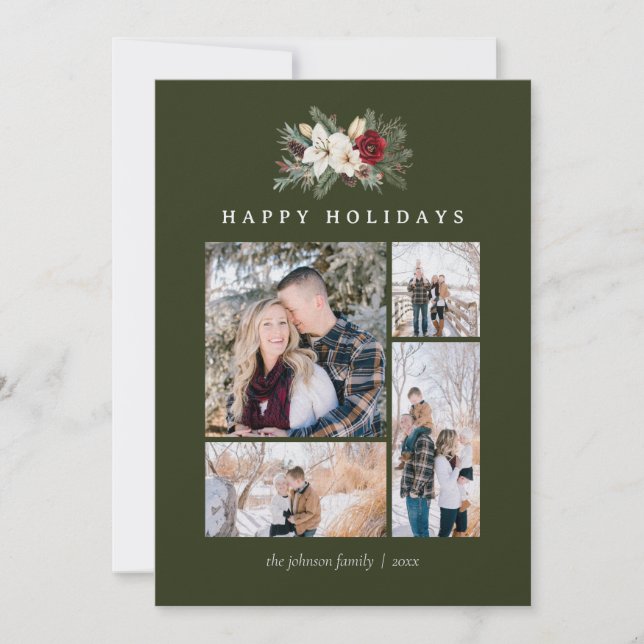 Poinsettia & Lily 5 Photo Collage Rustic Christmas Holiday Card (Front)