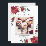 Poinsettia Magnolia Floral Modern Photo Christmas Holiday Card<br><div class="desc">Design features poinsettias, snowball bushes or hydrangea, various red toned roses and white magnolia flowers. Design also features gold printed leaves and numerous types of green greenery including eucalyptus leaves or branches. You can add your own elements or text to the back or leave as is. You can also move...</div>