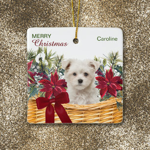 Poinsettia Maltese Puppy Christmas Basket Ceramic Ornament