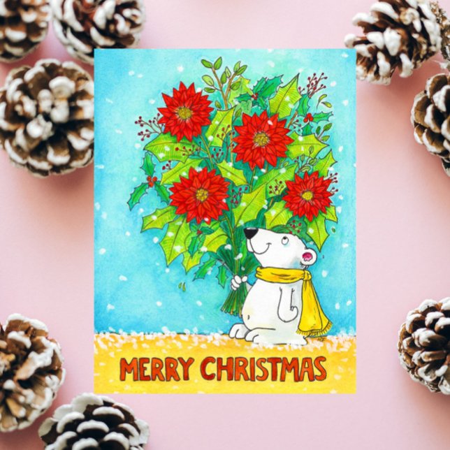 Poinsettia Merry Christmas Bear Postcard (Creator Uploaded)