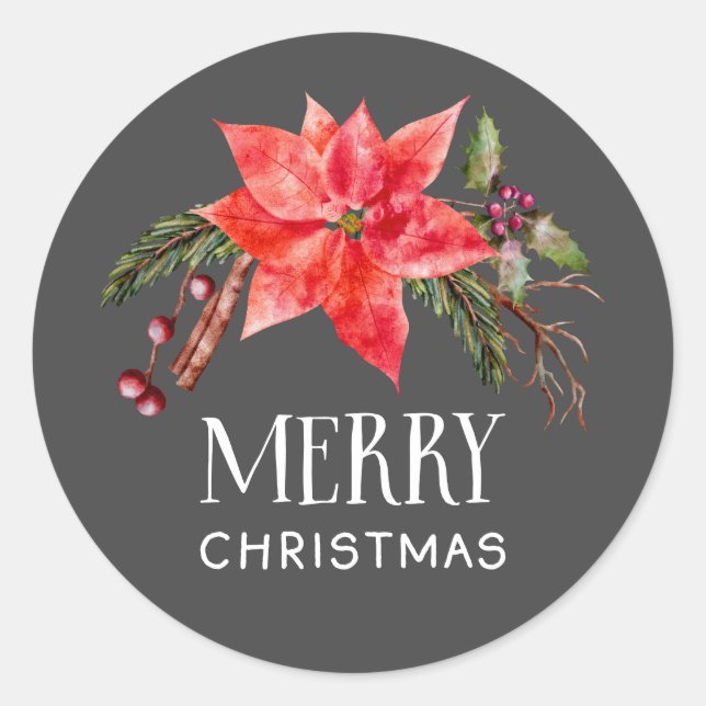 Poinsettia Merry Christmas Botanical Classic Round Sticker (Front)