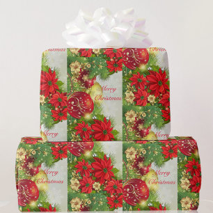 Poinsettia Merry Christmas Red Green Gift Wrapping Paper