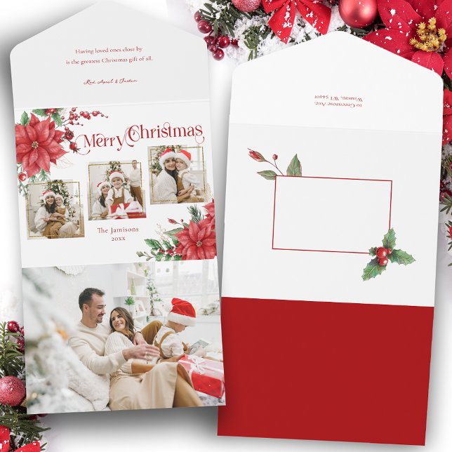 Poinsettia & Merry Christmas Typography 3-Photo All In One Invitation (Creator Uploaded)