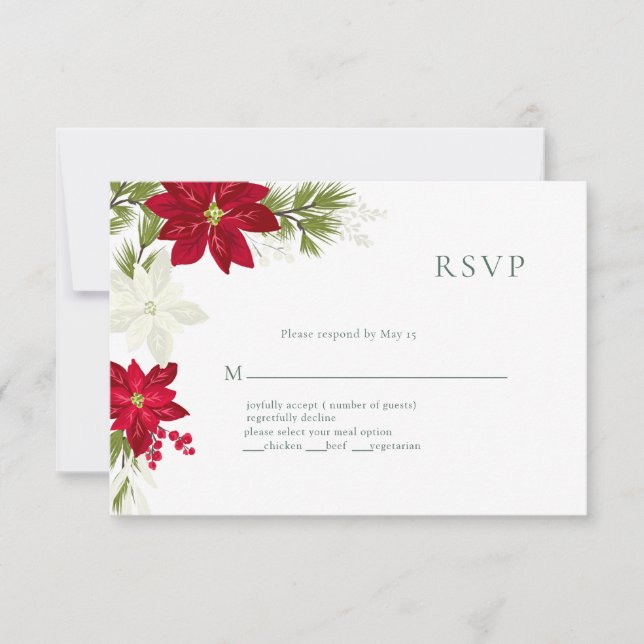 Poinsettia Modern Wedding RSVP Card Gree (Front)