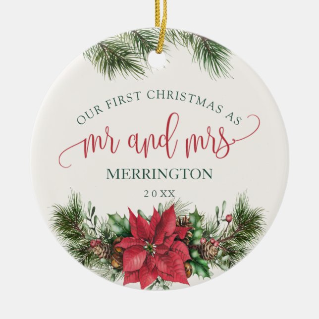Poinsettia Mr. & Mrs. | First Married Christmas Ceramic Ornament (Front)