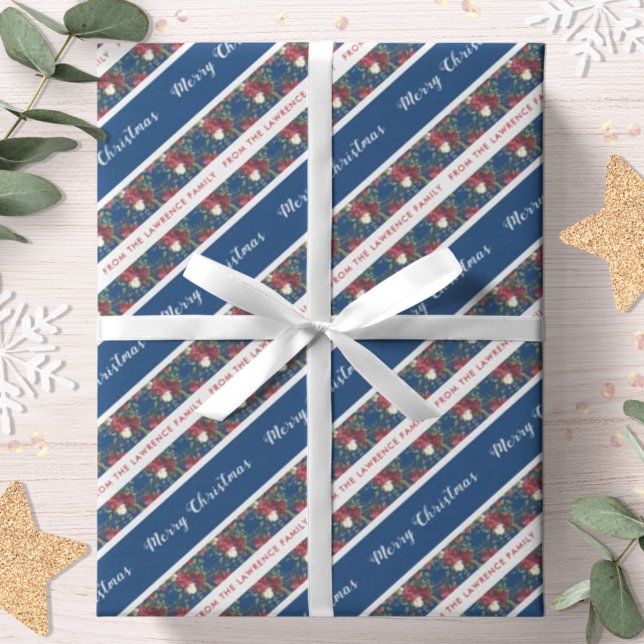 Poinsettia Navy Blue Personalised Merry Christmas Wrapping Paper (Creator Uploaded)