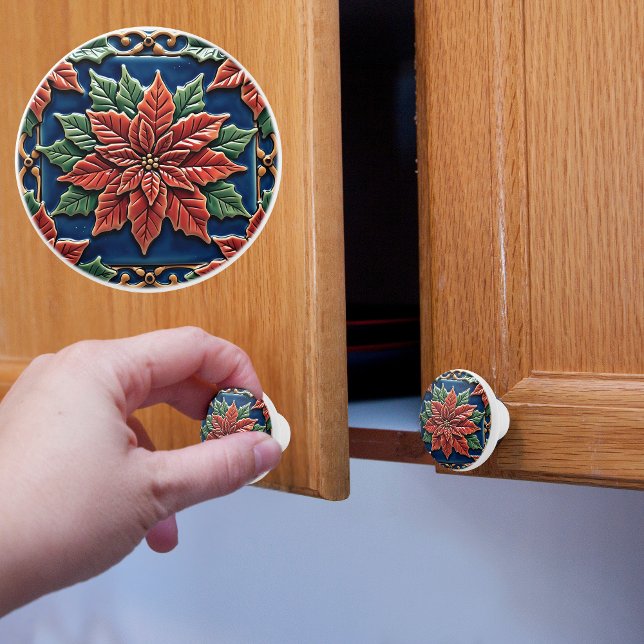 Poinsettia on Blue Christmas  Ceramic Knob (Creator Uploaded)