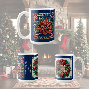 Poinsettia on Blue Christmas Customisable Coffee Mug