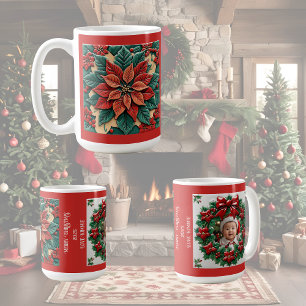 Poinsettia on Red Christmas Customisable  Coffee Mug