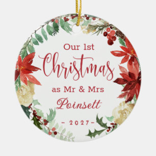 Poinsettia Our 1st Christmas as Mr & Mrs Photo Ceramic Ornament