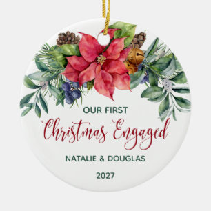 Poinsettia, Our 1st Christmas Engaged Photo Ceramic Ornament
