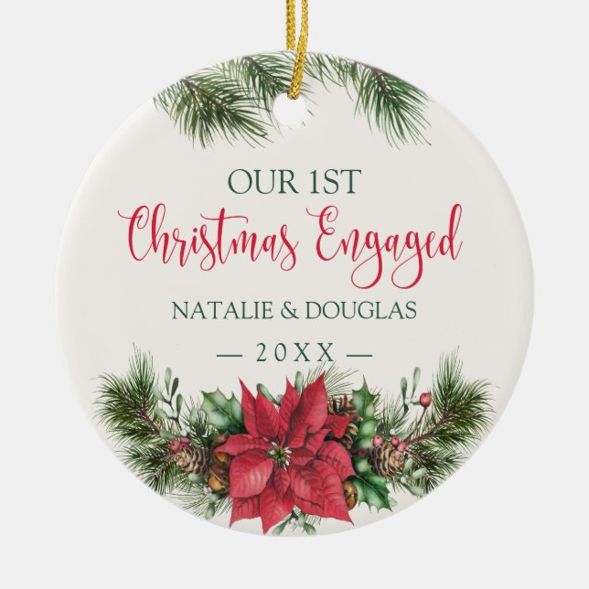 Poinsettia, Our 1st Christmas Engaged Photo Ceramic Ornament (Front)